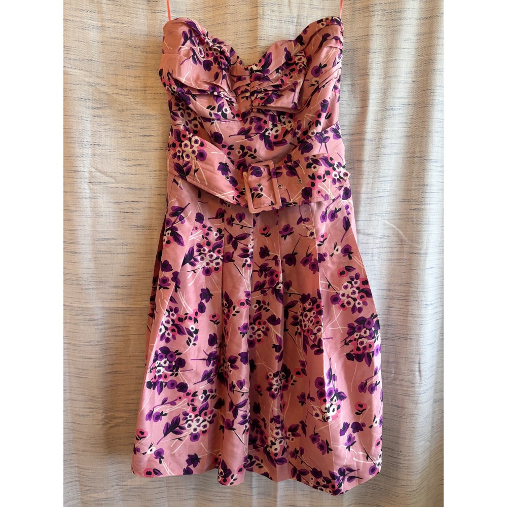 Express Pink Purple Floral Strapless Belted Fit and Flare Mini Dress Size 8